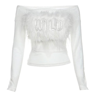 Long sleeve off shoulder feather letter embroidery top