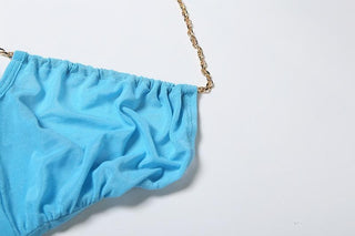 Metal chain halter ruched sheer mesh hollow out cut out maxi dress