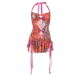 Halter self tie ruched hollow out print cut out mini dress