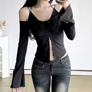 Off shoulder long sleeve self cross back button top