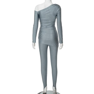 Ruched off shoulder long sleeve irregular solid pant set