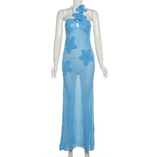 Halter knitted flower pattern see through maxi dress-final-sale