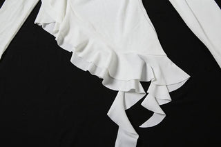 One shoulder long sleeve ruched ruffle lace hem top