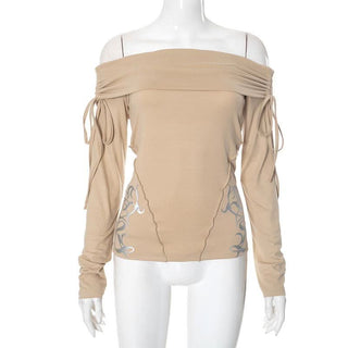 Long sleeve off shoulder ruched self tie stitch top