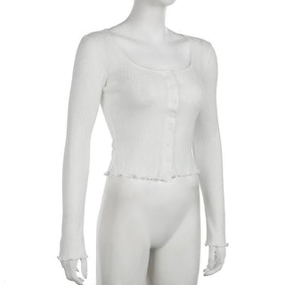 Long sleeve u neck button textured top