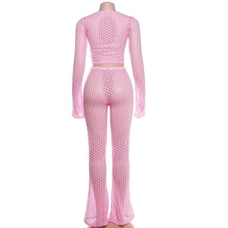 Long flared sleeve hollow out see through crop pant set
