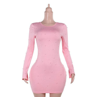 Crewneck long sleeve beaded backless mini dress