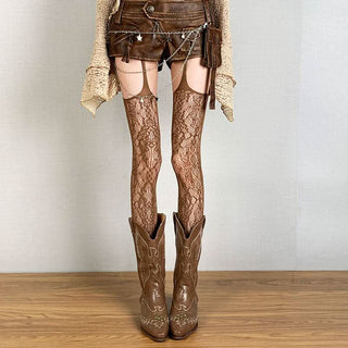 Suspender sheer lace flower pattern tights
