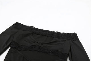 Long sleeve off shoulder lace hem hollow out cut out mini dress