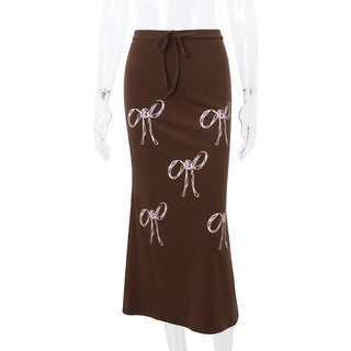 Drawstring ruched bowknot print contrast self tie midi skirt