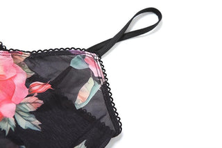 Sheer mesh flower print ruffle v neck cami skirt set