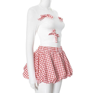 Bowknot long sleeve crewneck plaid mini skirt set