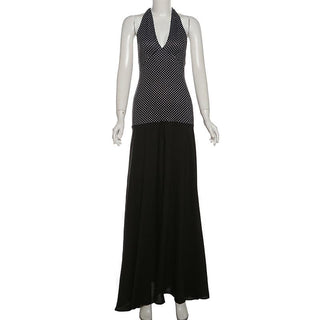Halter polka dot print v neck backless maxi dress