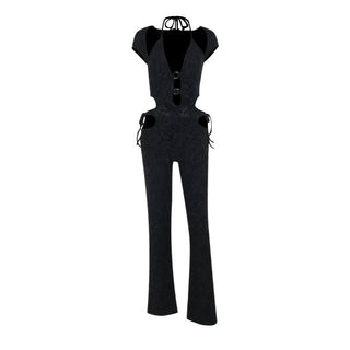Halter o ring self tie hollow out jumpsuit