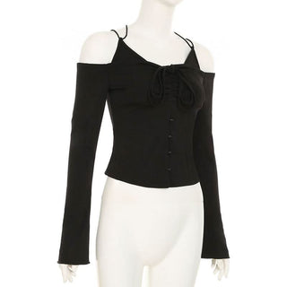 Off shoulder long sleeve self cross back button top