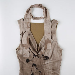 Sleeveless cowl neck print irregular ruched midi dress