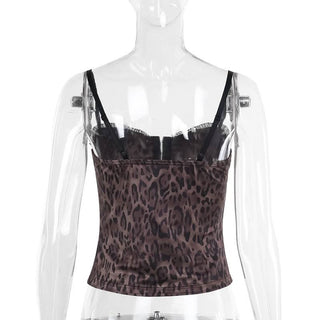 V neck leopard print ruffle backless cami top