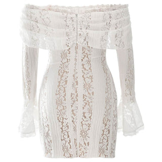 Long flared sleeve off shoulder lace mini dress