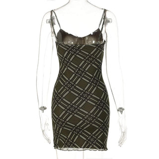 Plaid contrast print ruffle low cut backless cami bodycon dress