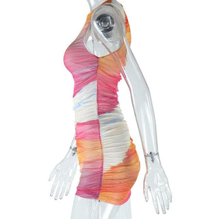 Mesh gradient crewneck ruched tank mini dress