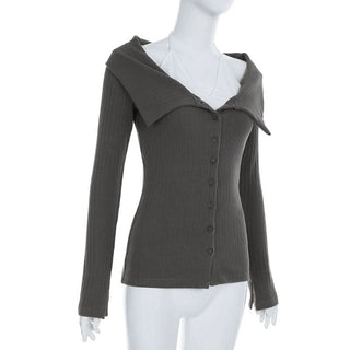 Long sleeve turnover collar halter button 2 piece top