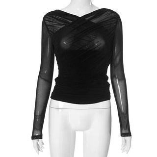 Ruched mesh long sleeve v neck solid top