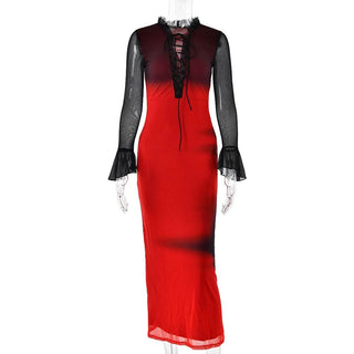 Long flared sleeve ruffle lace up mesh midi dress