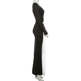 Long sleeve mesh patchwork hollow out jumpsuit
