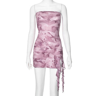 Ruffle print stitch mesh contrast backless tube mini dress