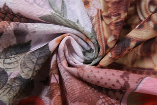 V neck long sleeve sheer mesh self tie print top