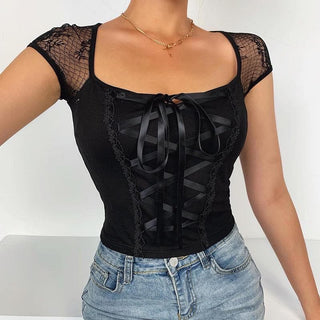 Self tie lace hem square neck cap sleeve crop top