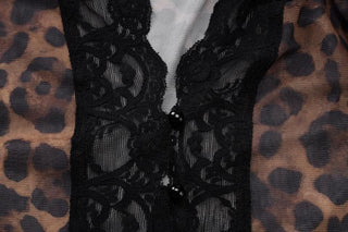 Long flared sleeve print lace hem button see through top
