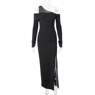 Off shoulder long sleeve slit solid maxi dress