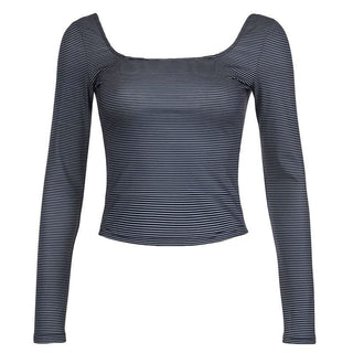 Long sleeve u neck striped backless top