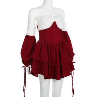 Fluffy sweetheart neck gloves fluffy self tie mini dress