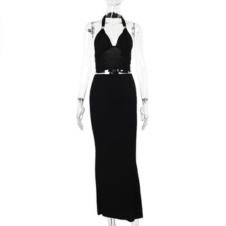 Halter v neck knotted backless maxi skirt set