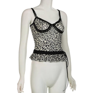 Leopard print bowknot see through mesh cami top