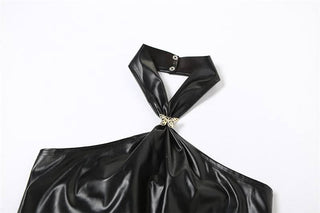 Halter PU leather button butterfly applique top