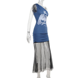 One shoulder mesh patchwork print ruched midi dress