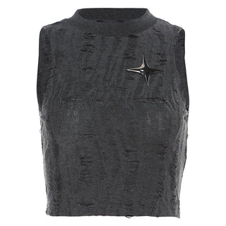 Sleeveless textured star applique hollow out solid crop cut out top
