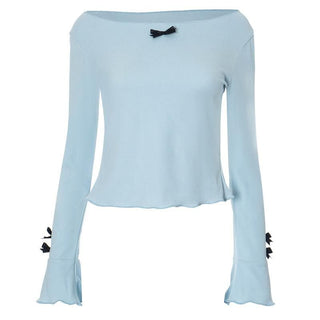 Long flared sleeve round neck bowknot textured top