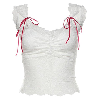 Lace bowknot ruched patchwork cami top