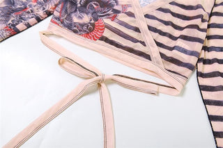 Sheer mesh striped contrast long sleeve self tie pant set