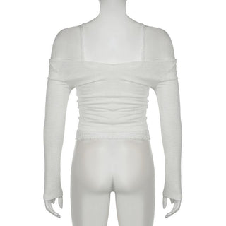 Off shoulder long sleeve lace patchwork top