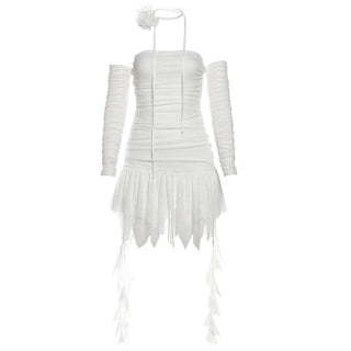 Off shoulder ruched long sleeve solid mini dress