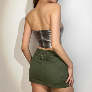 Solid metallic sleeveless zip-up hollow out buckle tube cut out top