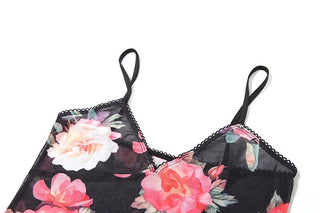 Sheer mesh flower print ruffle v neck cami skirt set