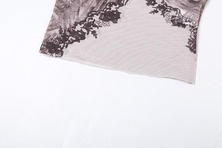 Sleeveless high neck print sheer mesh top