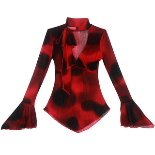 Long flared sleeve ruffle deep V neck mesh print top