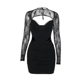 Long sleeve lace hollow out ruched self tie cut out mini dress